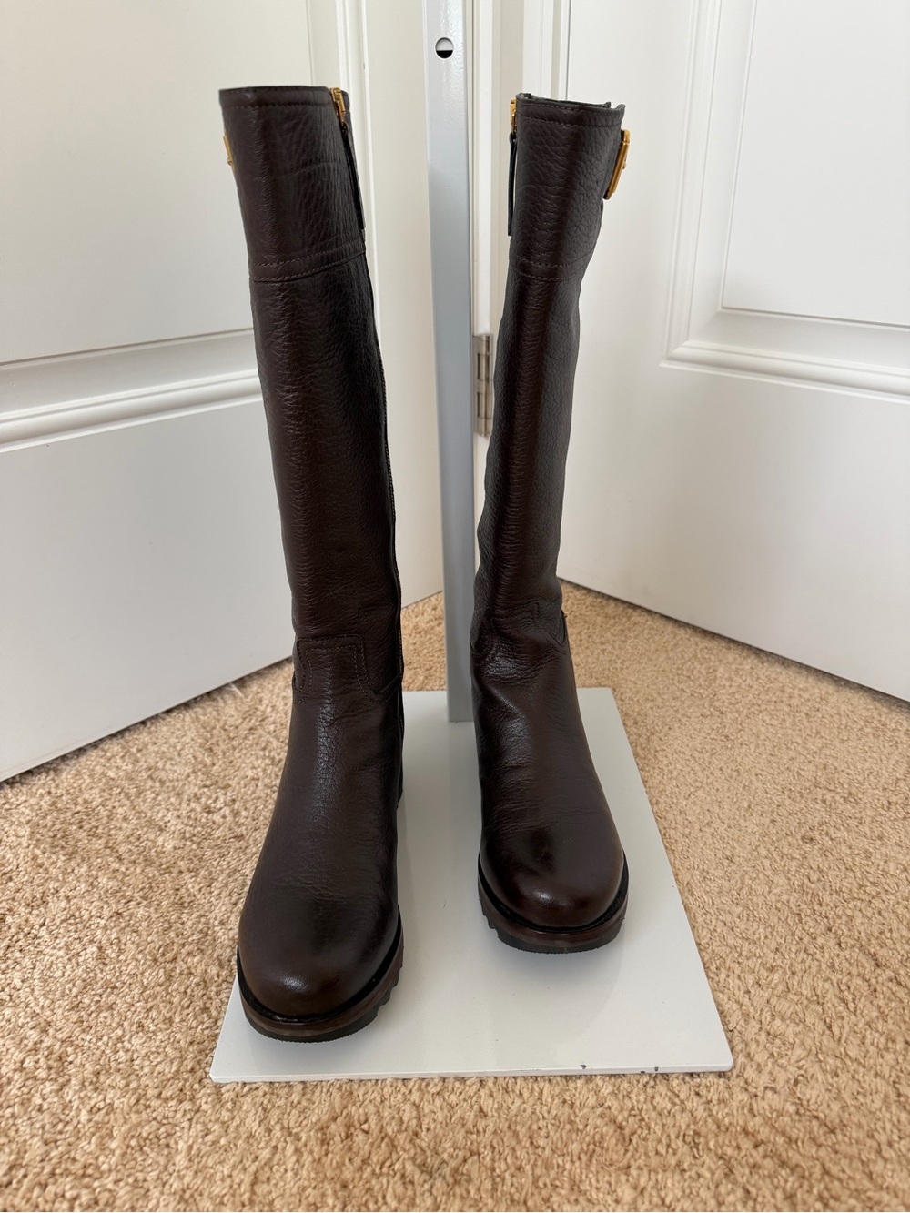 PRADA Dark Brown Leather Boots with Gold Buckle